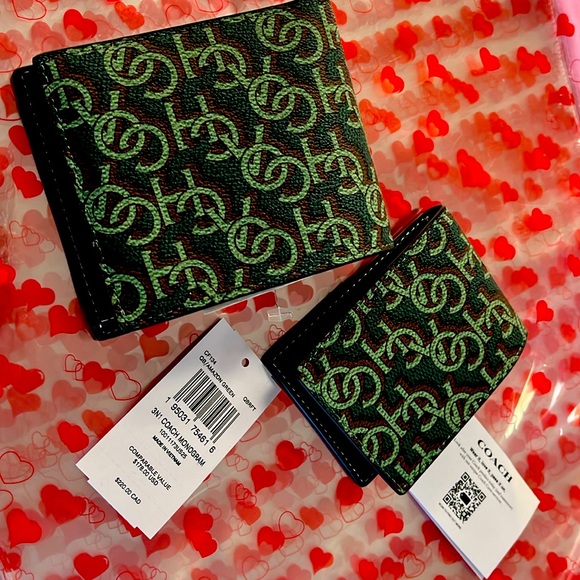 COACH Mens 3n1 Wallet/Card Case Printed Coated Canvas Monogram Amazon Green - Picture 1 of 9